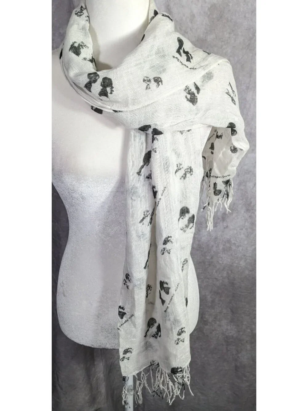 Boy Meets Girl Lightweight White Scarf With Black Silhouette Print & Fringe - Picture 8 of 8